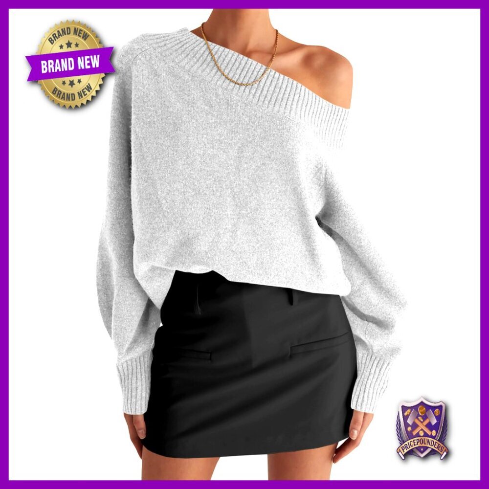 Off Shoulder Boat Neck Pullover Sweater Long Sleeve Loose Knit Top